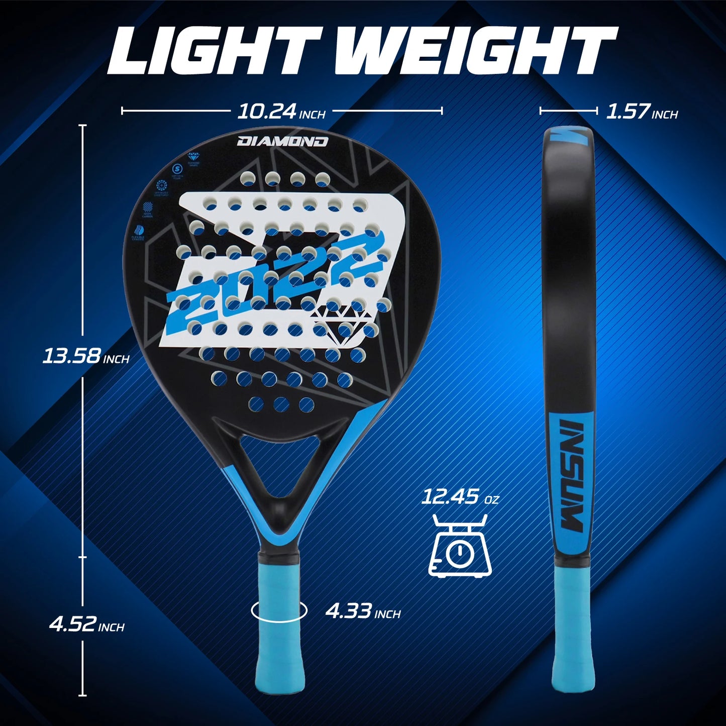 DIAMOND 2022 Padel Tennis Racket Set – Carbon Fiber Diamond Shape with EVA Memory Core & Balls (Set of 2)