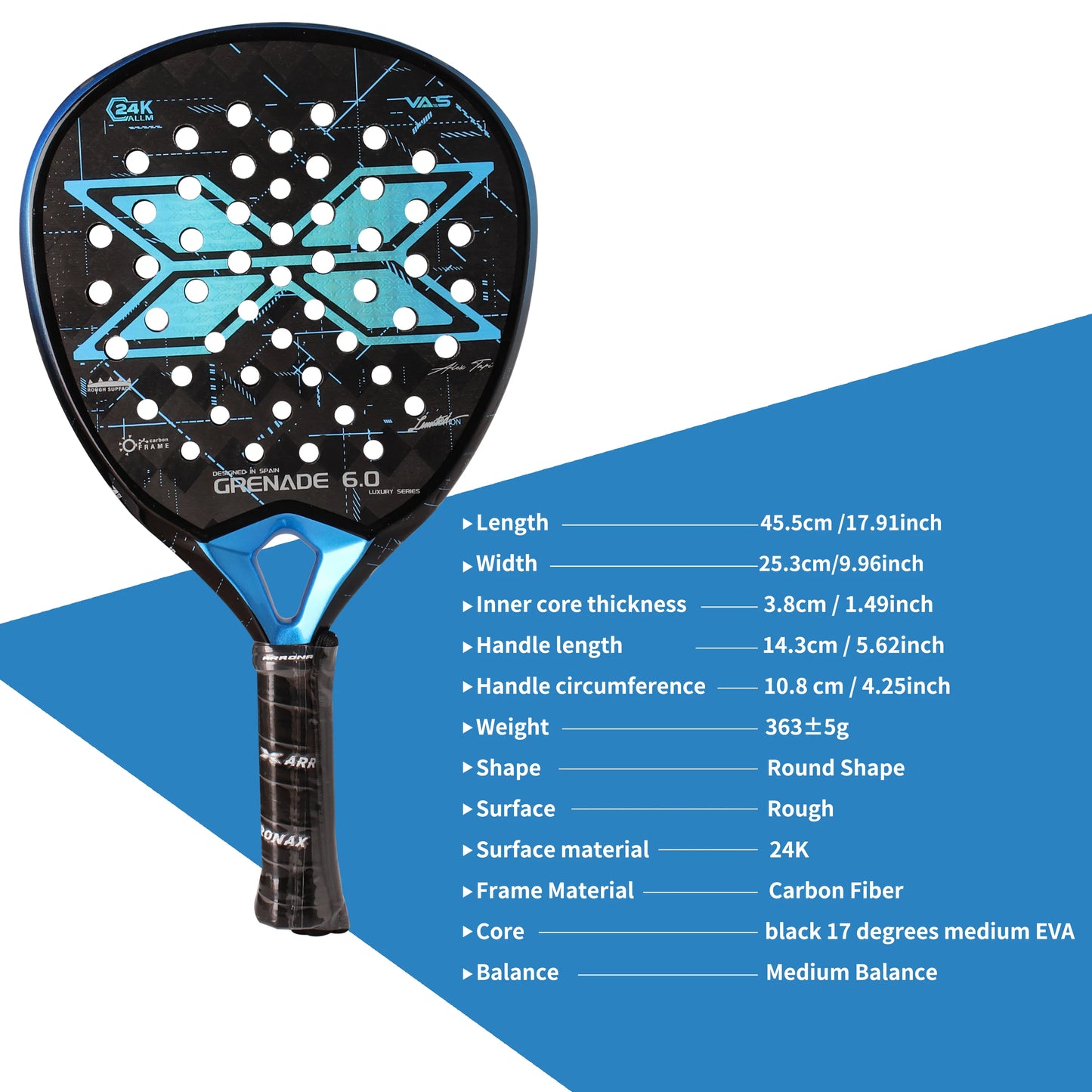 Arronax New Tennis Padel Racket Paddle Racquet EVA Soft 100% Carbon Fiber 3D Hexgon Padel Paddle for Beginner without Cover Bag