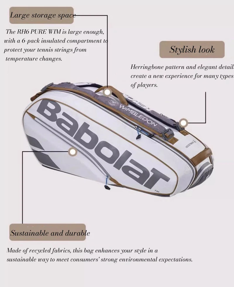 Babolat 2024 New Tennis Bag RH6 RH9 Tennis Backpack PURE WIMBLEDON Series Sports Bag Tennis Rackets Beach Rackets Padel Pack
