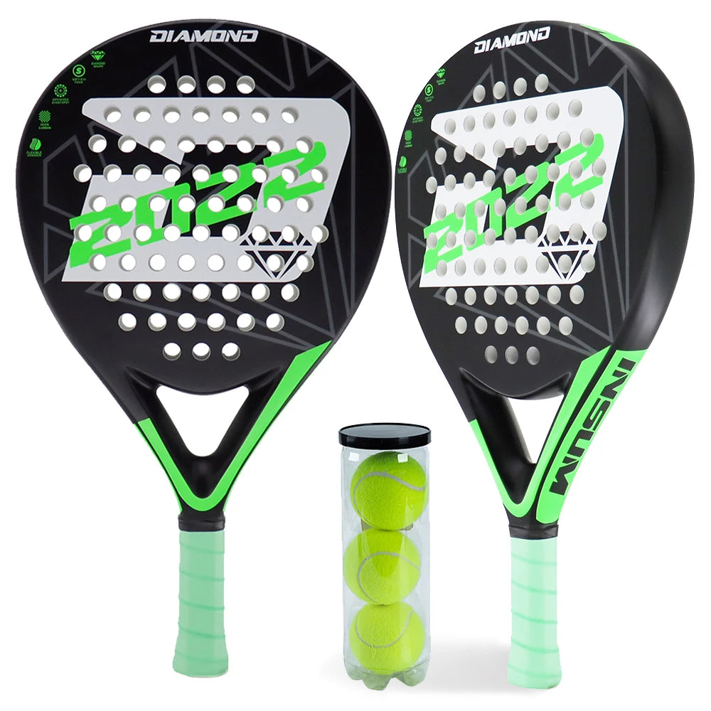 DIAMOND 2022 Padel Tennis Racket Set – Carbon Fiber Diamond Shape with EVA Memory Core & Balls (Set of 2)