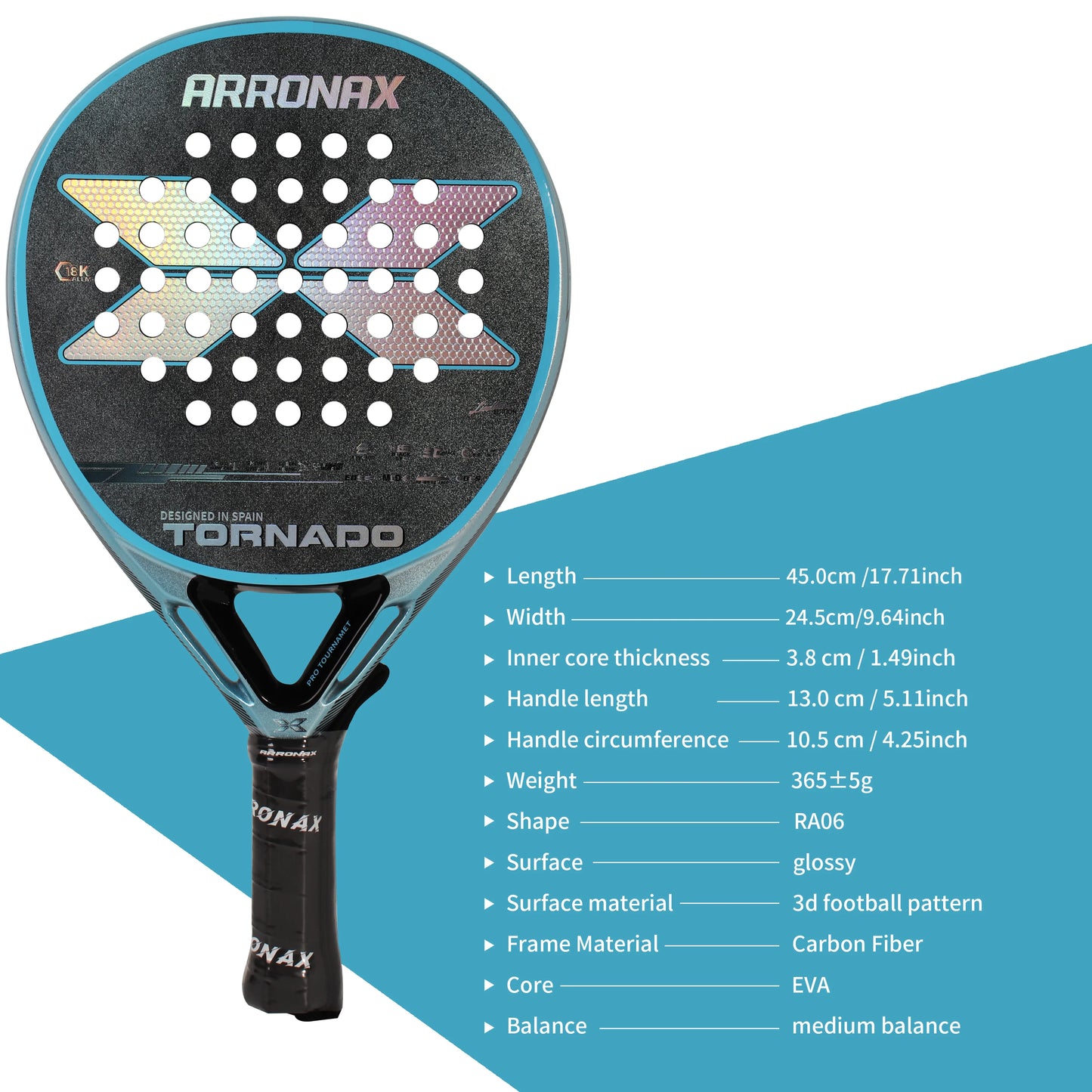 Arronax New Tennis Padel Racket Paddle Racquet EVA Soft 100% Carbon Fiber 3D Hexgon Padel Paddle for Beginner without Cover Bag