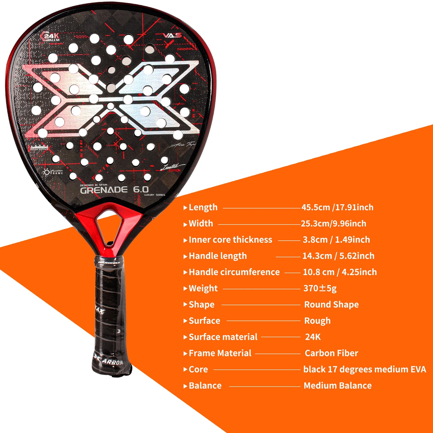 Arronax New Tennis Padel Racket Paddle Racquet EVA Soft 100% Carbon Fiber 3D Hexgon Padel Paddle for Beginner without Cover Bag