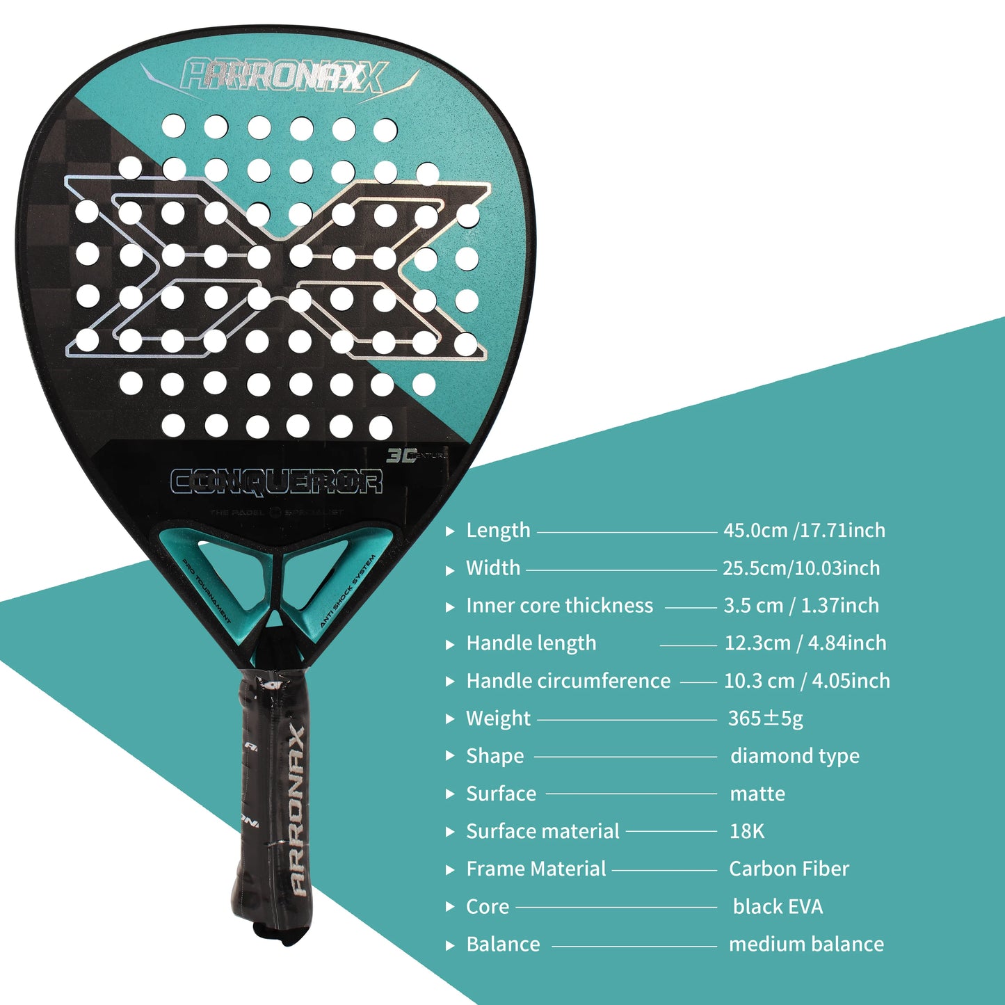 Arronax New Tennis Padel Racket Paddle Racquet EVA Soft 100% Carbon Fiber 3D Hexgon Padel Paddle for Beginner without Cover Bag