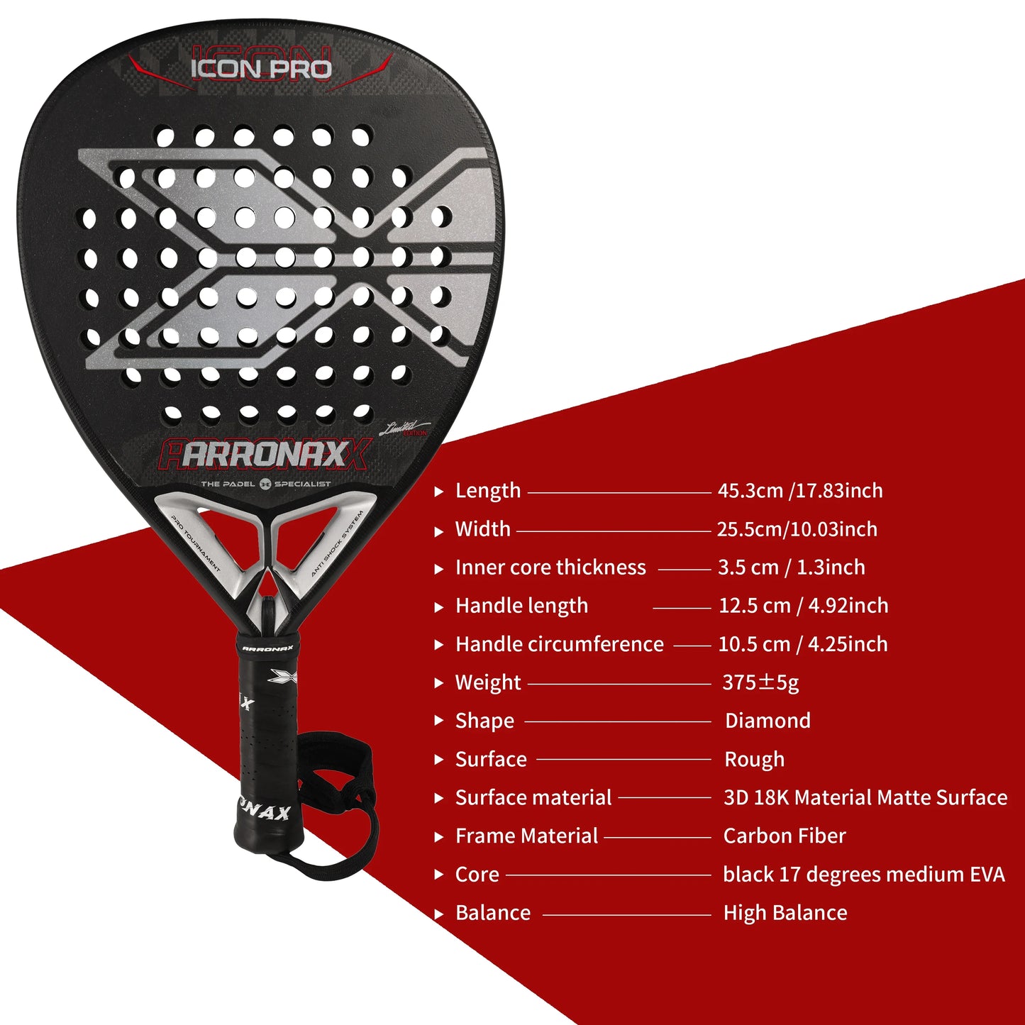 ARRONAX 2024 Padel Racket – Carbon Fiber Face with Soft EVA Core (No Cover Included