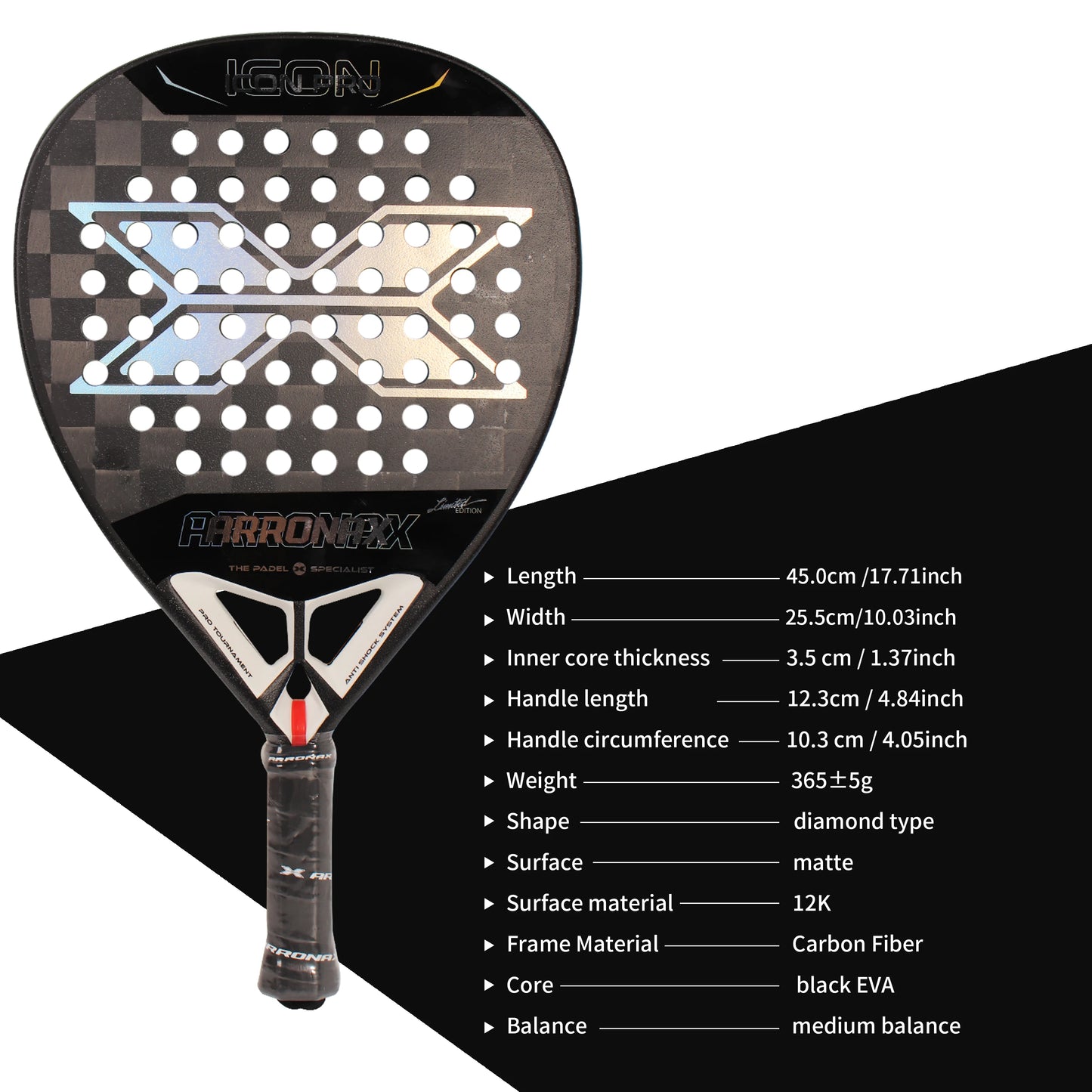 Arronax New Tennis Padel Racket Paddle Racquet EVA Soft 100% Carbon Fiber 3D Hexgon Padel Paddle for Beginner without Cover Bag