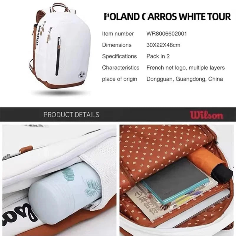 Wilson Tennis Bag Holds 2 Tennis Rackets Backpack French Open Shoulder Bag Court Racket Bag Men Women Padel Sports Backpack