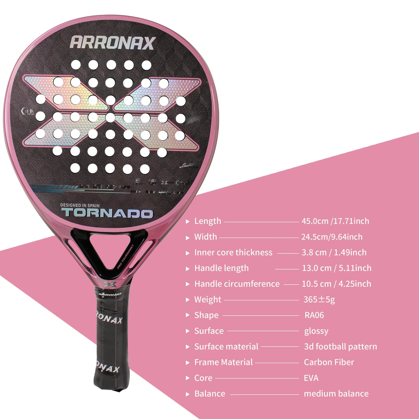 Arronax New Tennis Padel Racket Paddle Racquet EVA Soft 100% Carbon Fiber 3D Hexgon Padel Paddle for Beginner without Cover Bag